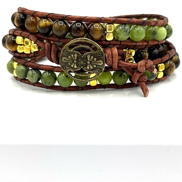 Hand Crafted Jewelry - Hand Crafted Jade and Tiger Eye Wrap Bracelet